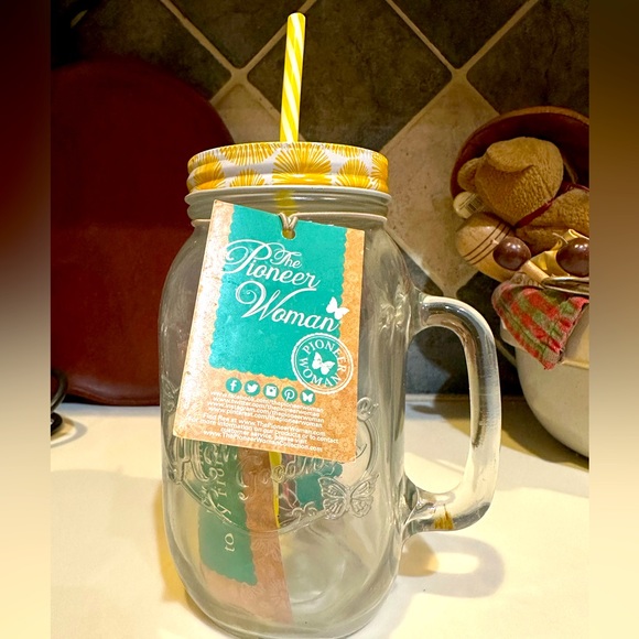 PIONEER WOMAN 32oz CLEAR LEMONADE MASON MUG WITH STRAW SIMPLE HOMEMADE GOODNESS - Picture 8 of 13
